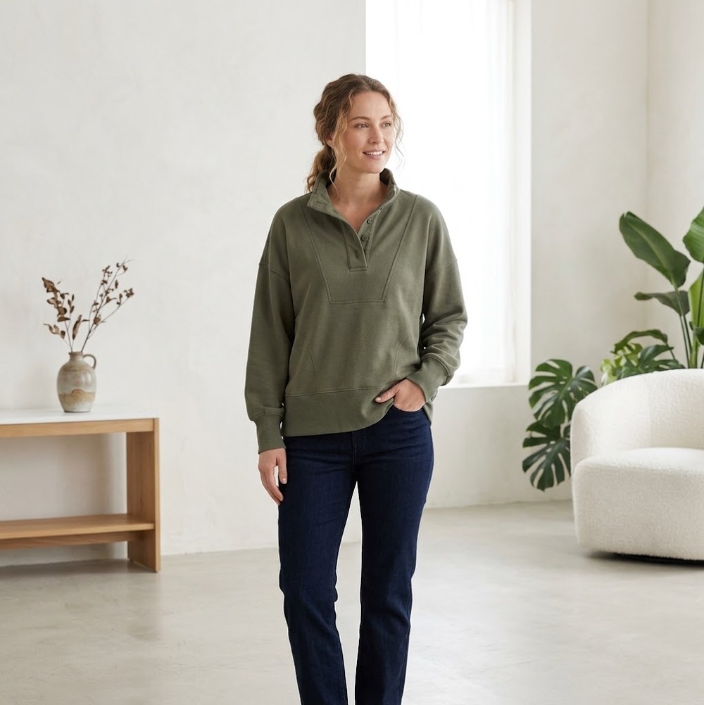 Time and Tru Olive Green Mock Neck Henley Sweatshirt XL 16-18 Pockets